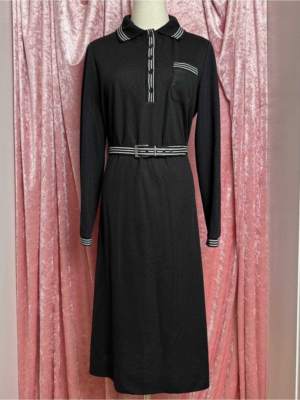 Kay Windsor Vintage Black White Stripe Collar Long Sleeve Belt Dress 14